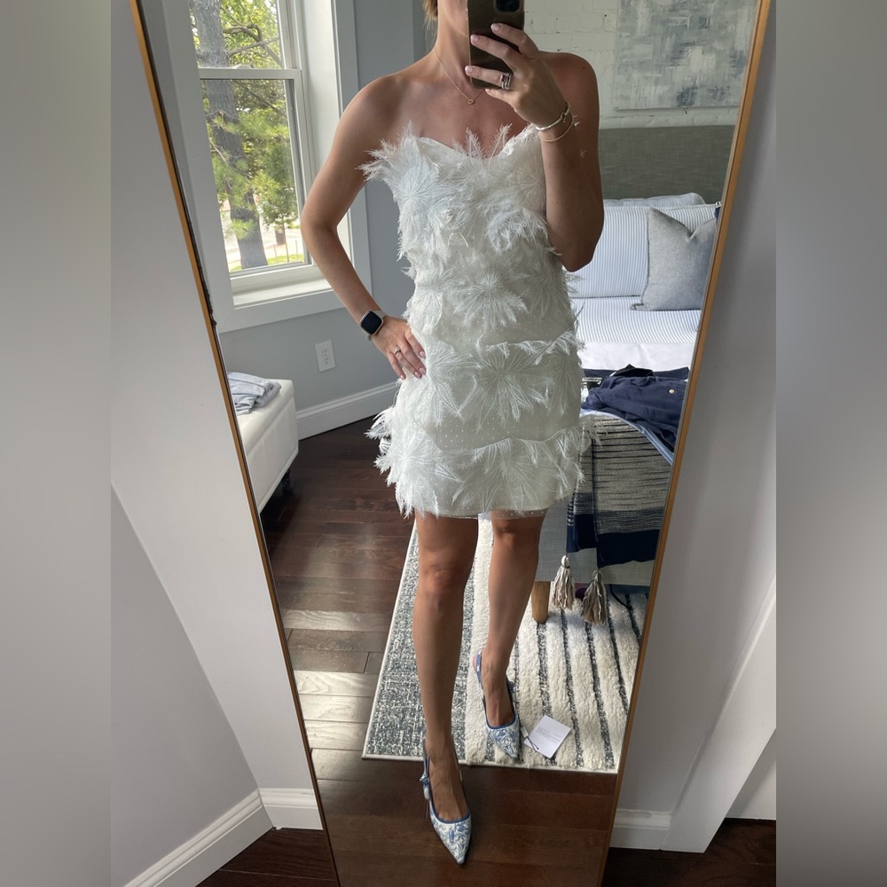 White XS zero strapless feather mini dress